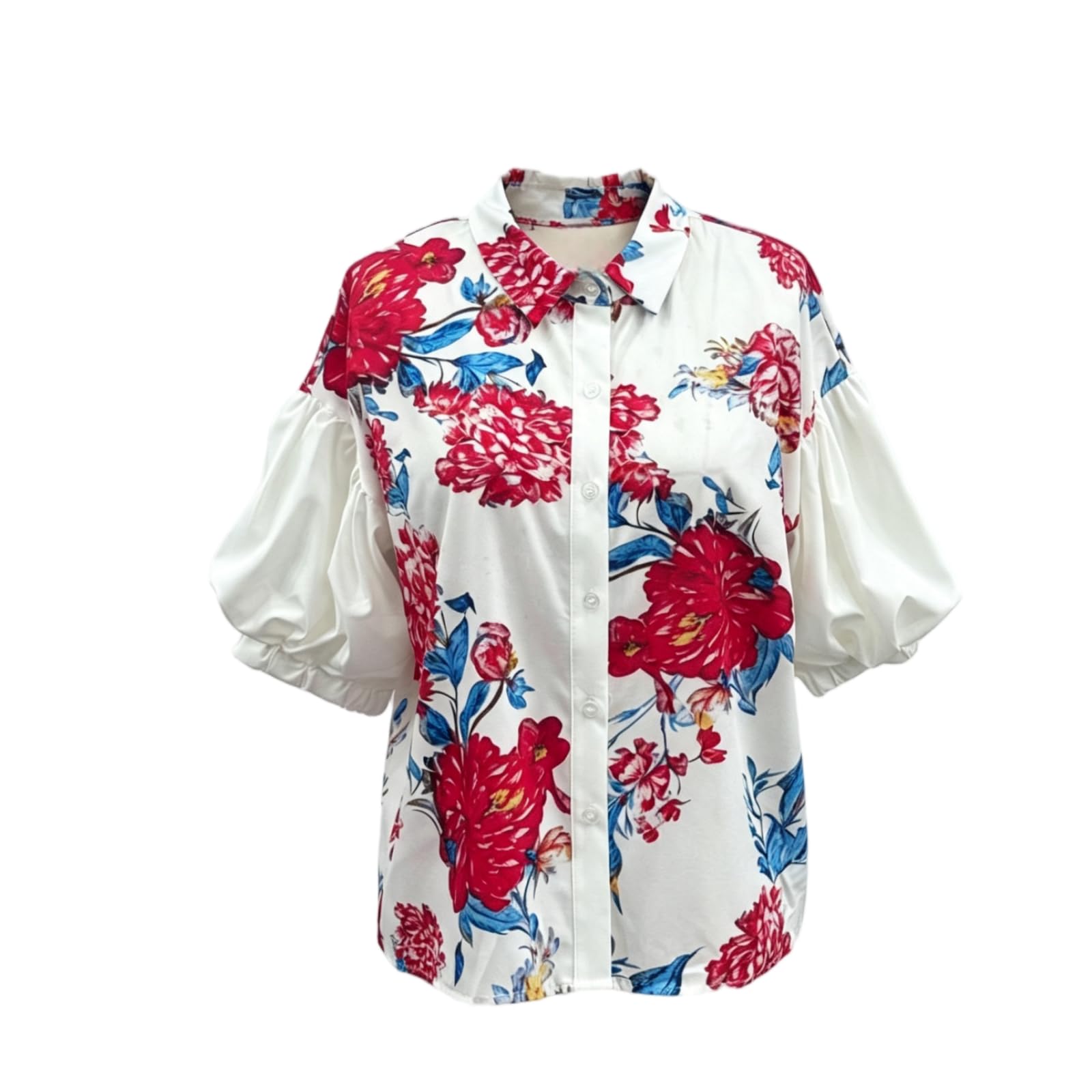 JCVBN - Camicia da donna vintage con maniche a sbuffo floreale, estiva, con colletto e maniche a sbuffo, stampa floreale, bottoni, colletto, vestibilità comoda, estate, poliestere