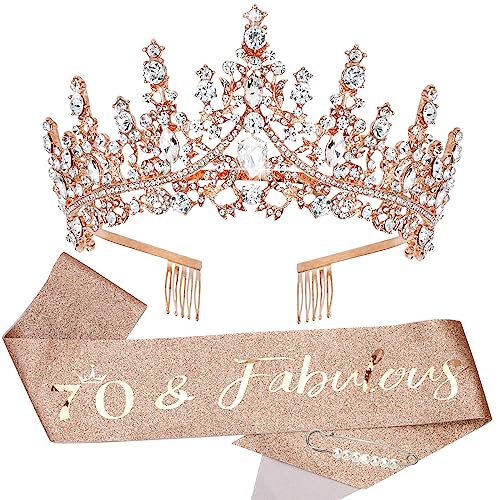 TOBATOBA 70th Birthday Decorations - Rose Gold Crown & Fabulous Sash for Womens 70th Birthday Party