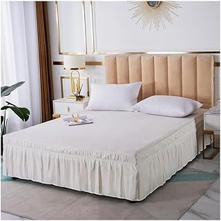 Faldón de cama elástico de color sólido con volantes, estilo envolvente, cómodo, resistente a la decoloración, sin superficie, tamaño individual, Queen King (blanco arroz, matrimonial, 137 x 193 x 38