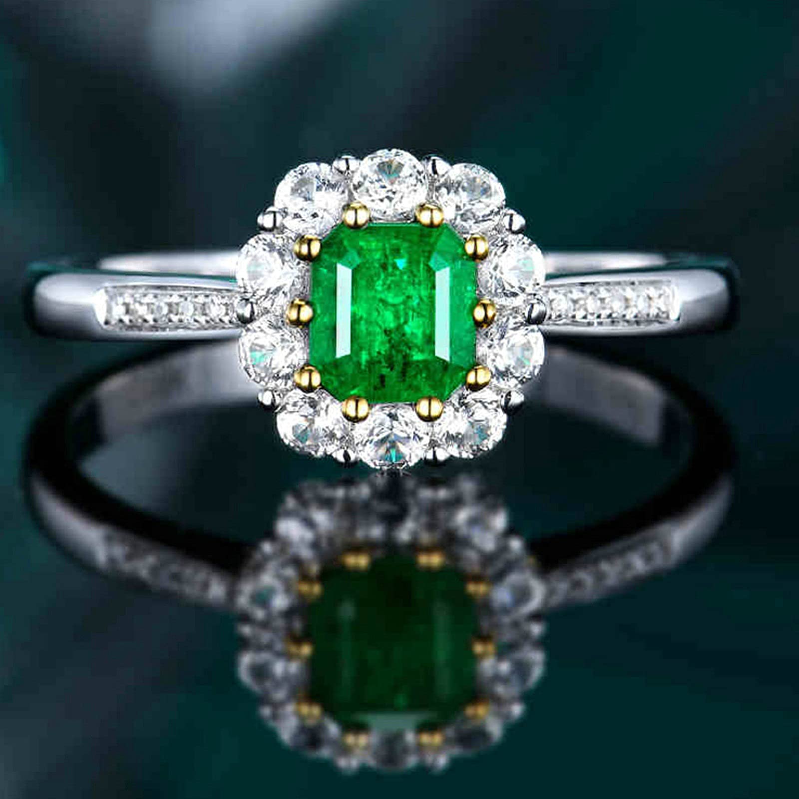 Anillo de compromiso para mujer de platino, anillos de promesa de boda con esmeralda de 0,5 quilates y moissanita, tamaño H 1/2-V 1/2