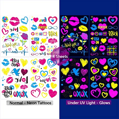 Maripabon Neon Temporary Tattoos New Love Mixed Style Glitter Cupid Red Lips Heart Flower Glow In The Dark Uv Neon Tattoos Stickers 60 Flash Fake Waterproof Tattoos For Women Girls Body Art #TOP4