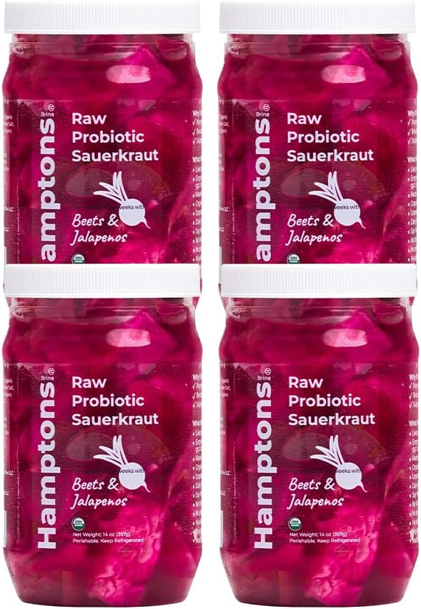 Spicy Sauerkraut Organic Delight - Premium Organic Fusion - Gluten-Free Organic Cabbage, Beets, Jalapenos Fermented Probiotic Rich for Gut Health, Non-GMO, Vegan, (4)16 oz Jar