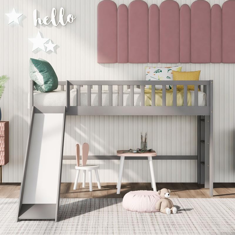 Twin Loft Bed with Slide and Ladder, Modern Low Loft Bed with Safety Guardrail, Pine Wood Twin Bed Frame with Slat Support, Space-Saving Loftbed No Box Spring Needed, Noise Free, Grey