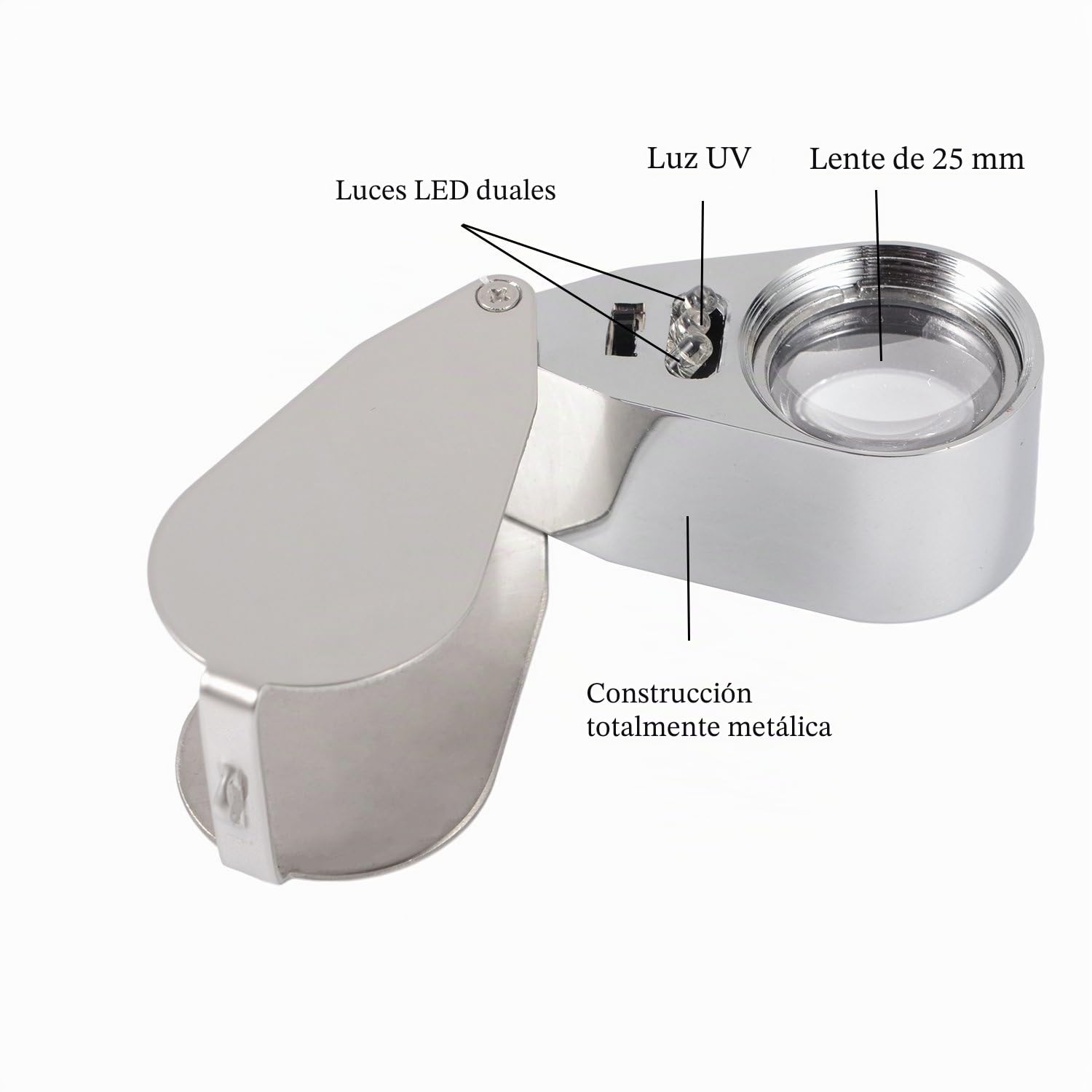Lupa de joyería Plegable de Metal para joyería, con luz LED y Ultravioleta, Lupa para Diamantes, Joyas, Monedas, Sellos (detección de Moneda/identificación de Joyas), etc.