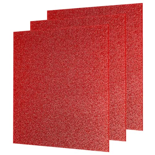 Image of MECCANIXITY 3Pcs Red Glitter Acrylic Sheets 1 /8 inch Thickness 8 inch x 8 inch Glossy PMMA Fluorescent Plastic Sheets Extruded Translucent Blanks for DIY Art Crafting Laser Cutting & Engraving