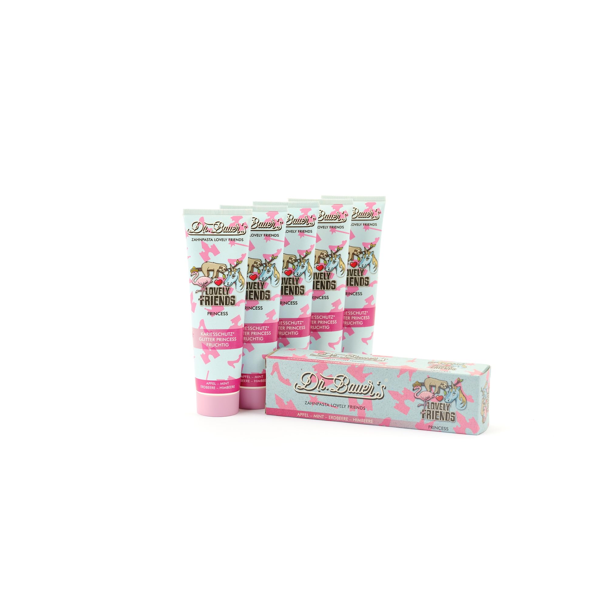 Dr. Bauer's Lovely Friends Dentifricio per Bambini dai 2 Anni – Formula Vegan con Xilitolo e Glitter Magici, Anticarie – 90ml – Principessa – Set da 5