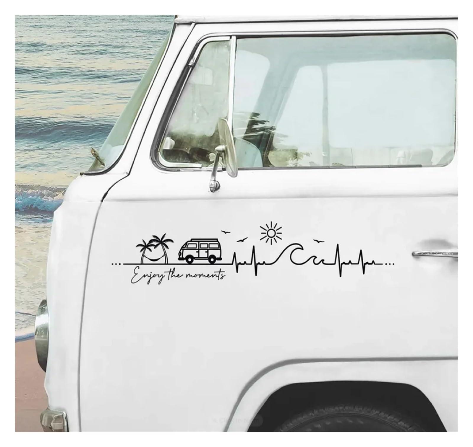 Profitez des moments : palmiers, oiseaux volants, soleil, vagues de l'océan, autocollants en vinyle for camping-car(Black)