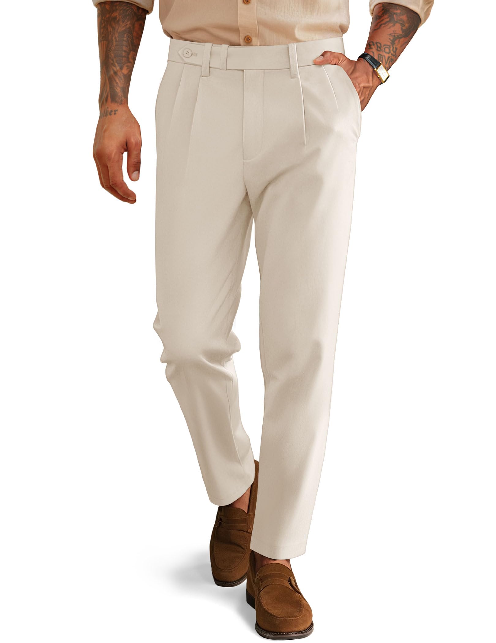 PJ PAUL JONES Mens Dress Pants Vintage Pleated Tapered Trousers Extended Waist Dress Pant Casual Slacks