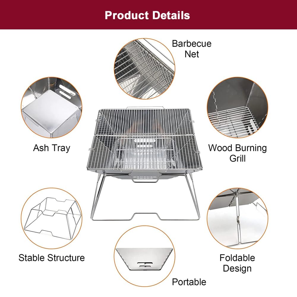 Grill De Camping Portable Robuste, Antirouille, Résistance À La Corrosion, Feu De Camp Pliable, Grill En Acier Inoxydable 430 Pour Le Camping, La Randonnée, Les Pique-Niques, Les Voyages, Etc