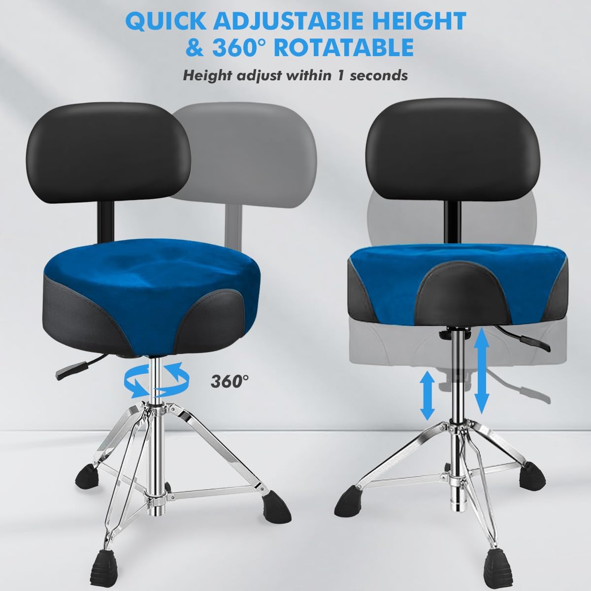 Pro Drum Stool with Backrest, Heavy Duty Hydraulic Drum Throne, Velvet-Covered Ergonomic Memory Foam Drum Seat, Adjustable Drum Chair Anti-Slip Base, Drum Saddle Bench (Navy Blue W/Backrest)