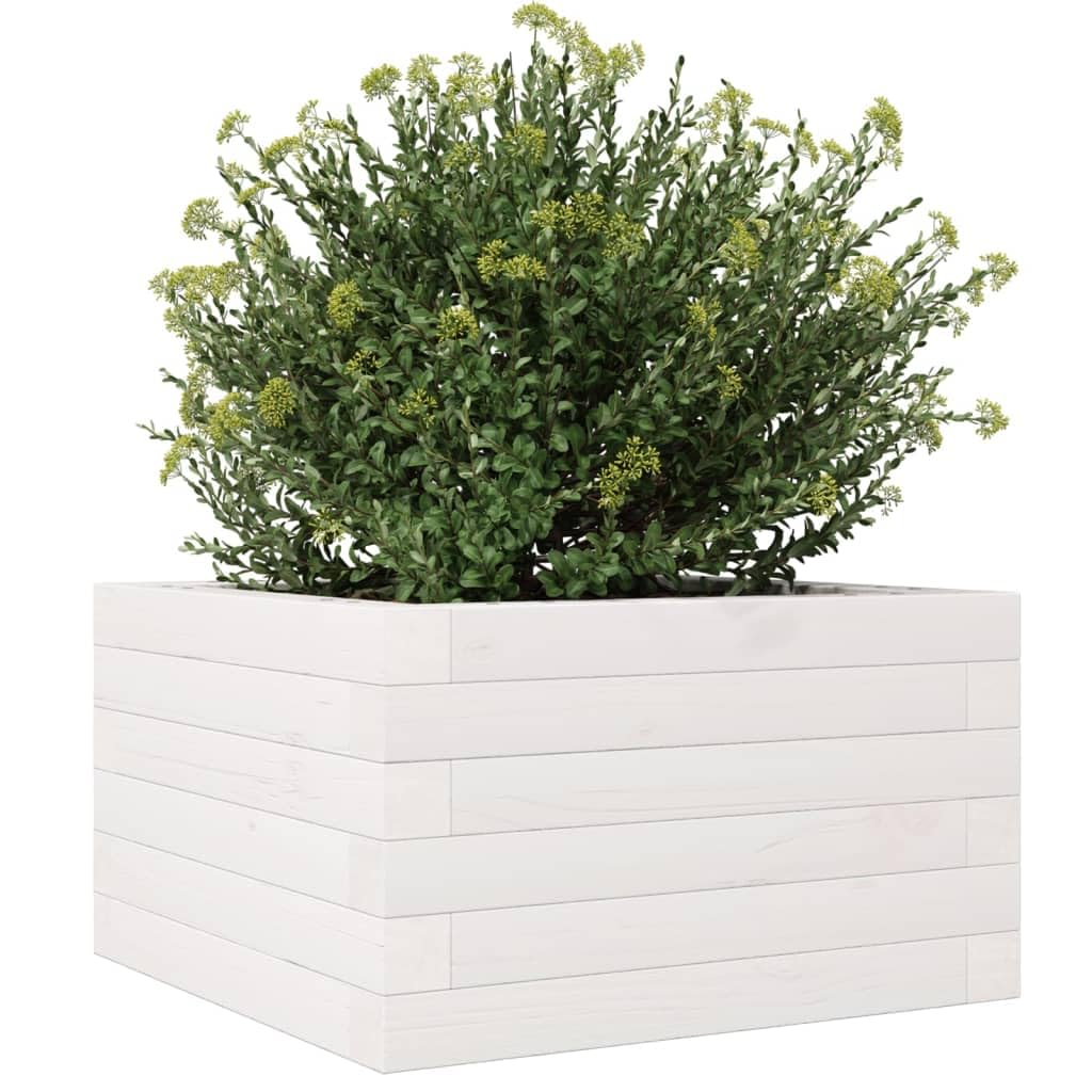 Pflanzkübel Weiß aus massivem Kiefernholz 40x40x23 cm Blumenkasten für Garten Balkon Hochbeet mit offenem Boden zur optimalen Entwässerung und Pflanzenpflege