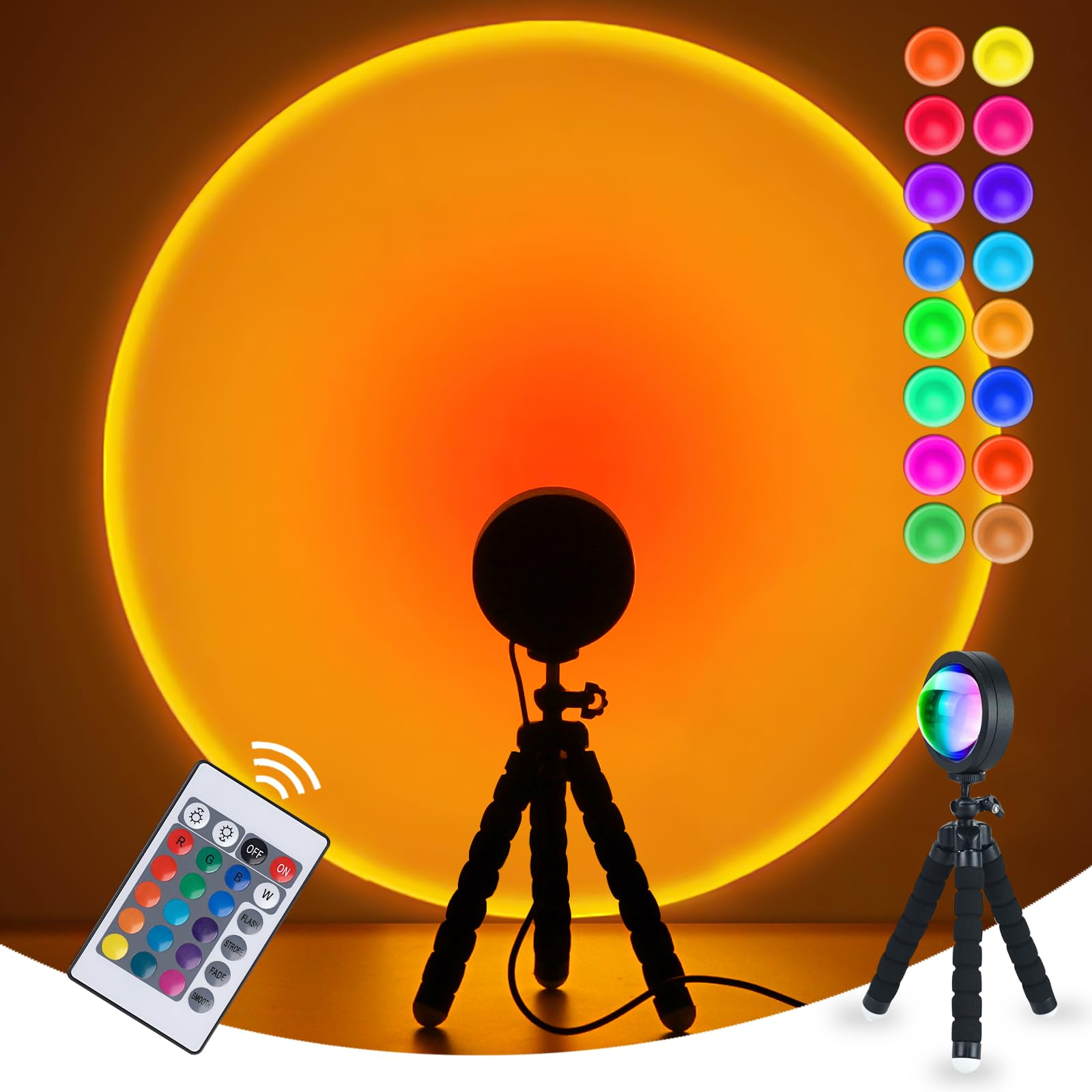 Balkwan Sunset Lamp with Projection Rotation, Rainbow Romantic LED Projection Lamp, Red Light with USB Modern Floor Stand for Living Room Bedroom (16 Colors)