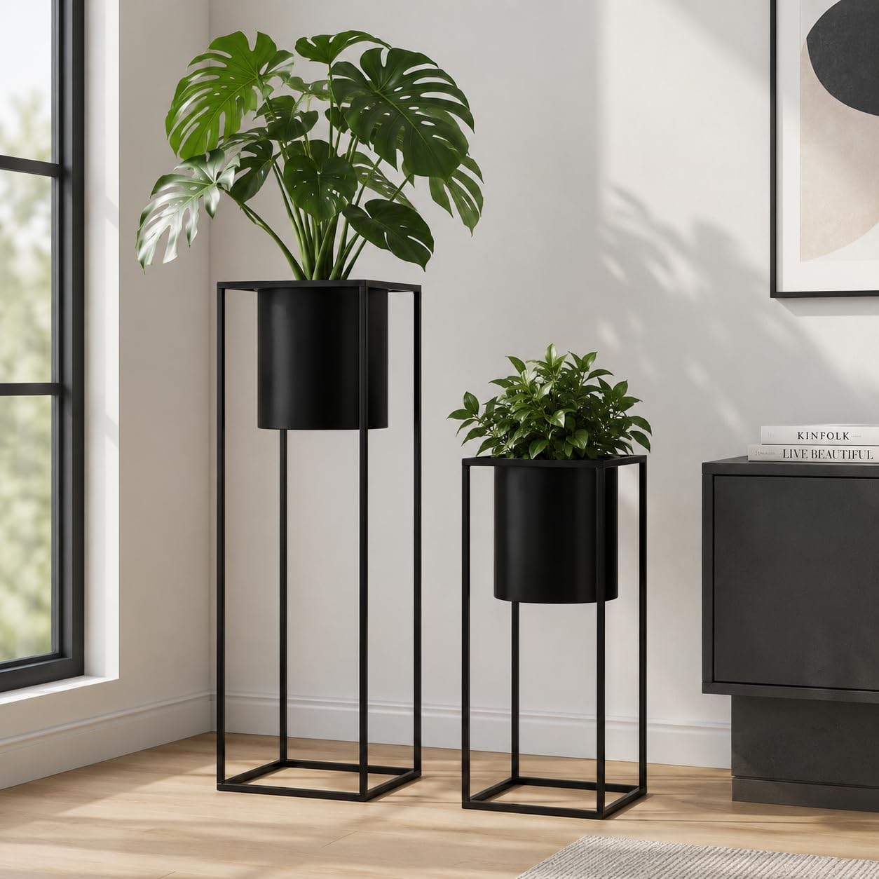 TRIROCKS 2er-Set Moderne Pflanzgefäße mit Ständer für Drinnen und Draußen 70/45 cm Hohe Blumentöpfe für Wohnzimmer Ecke Küche Büro Garten Balkon Terrassendekor (Schwarz)