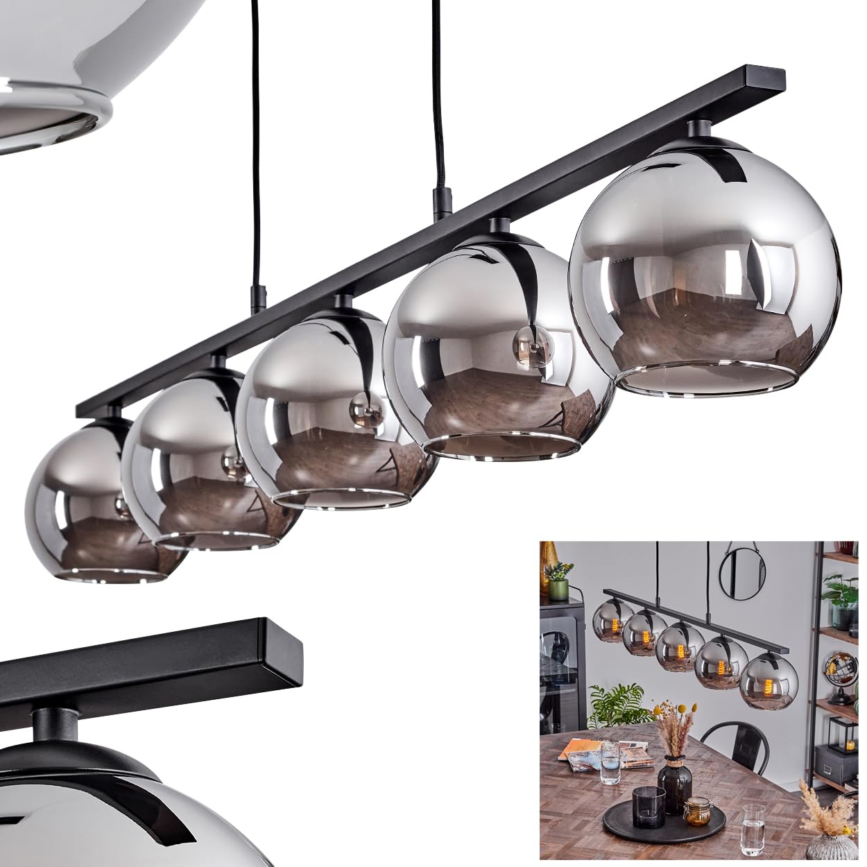 Pendelleuchte Koyoto, Hängelampe aus Metall/Glas in Schwarz/Chromfarben, Hängeleuchte im Retro/Vintage-Design mit Glasschirmen (Ø 15 cm), 5-flammig, Höhe max. 111,5 cm, 5 x E27, ohne Leuchtmittel