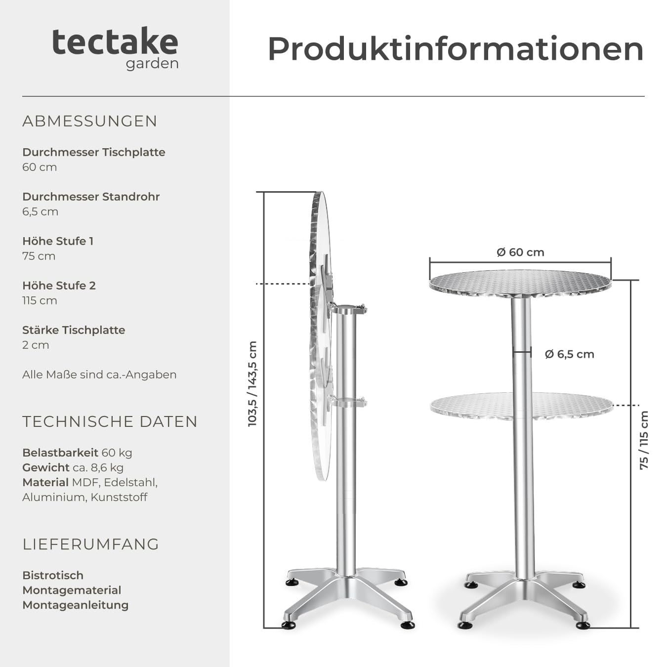tectake® 2in1 Stehtisch klappbar Ø 60cm, Bistrotisch, Balkontisch klappbar, Bartisch aus Aluminium, höhenverstellbarer Tisch 75cm / 115cm, Partytisch