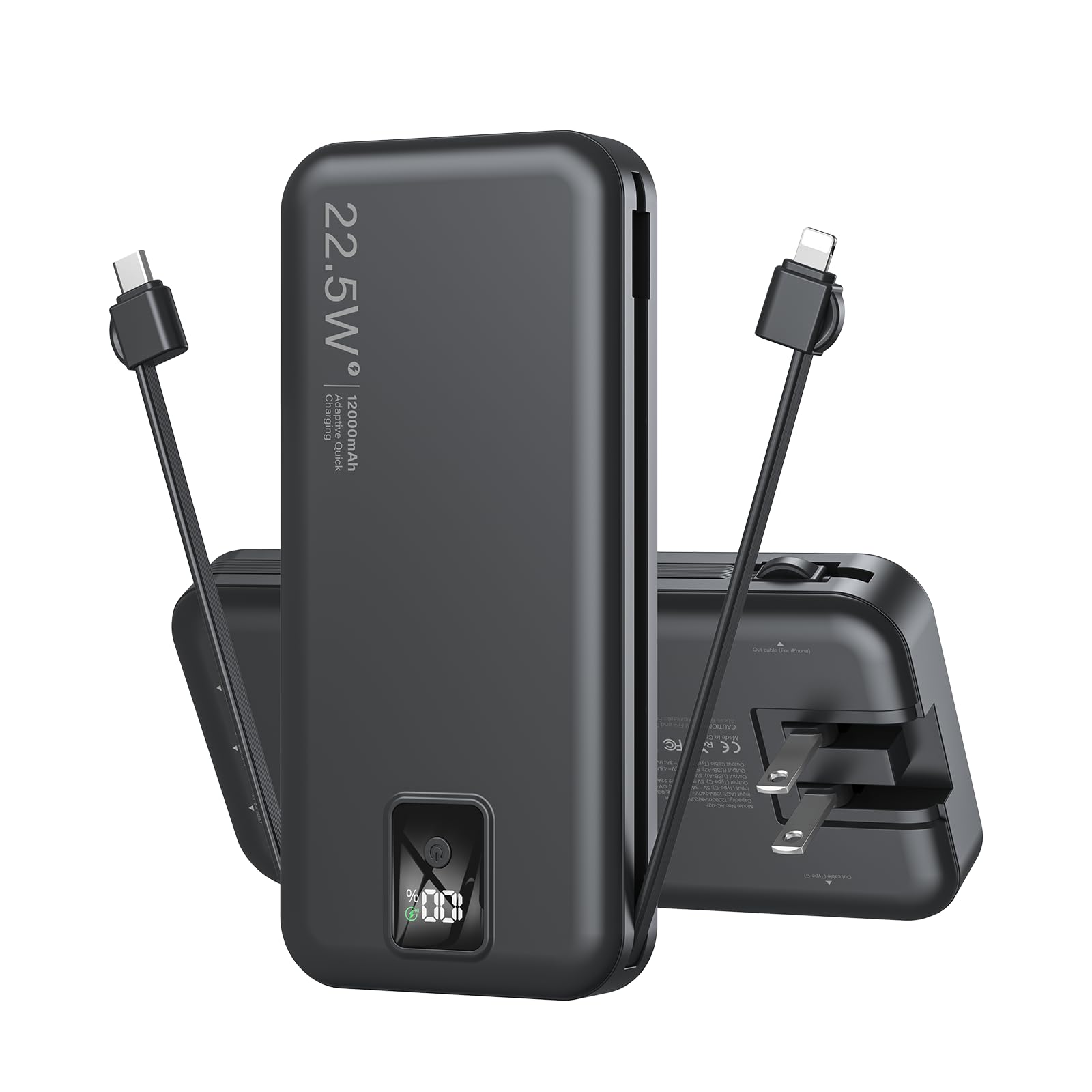 Portable Charger Built-in Cables and AC Wall Plug 12000mAh power Bank USB C 22 5W Fast charging Phone