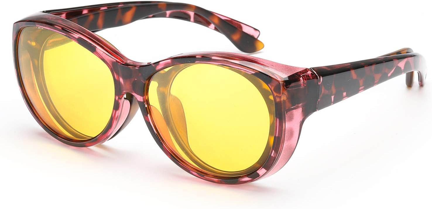 SIPHEW Fit Over Night-Vision Glasses for Driving Women/Men Round Frame Wrap Around Polarized Nighttime Glasses