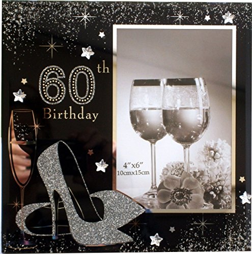 60th Birthday Gift Black Glass Photo Frame with silver 60th shoe design (SH0032)