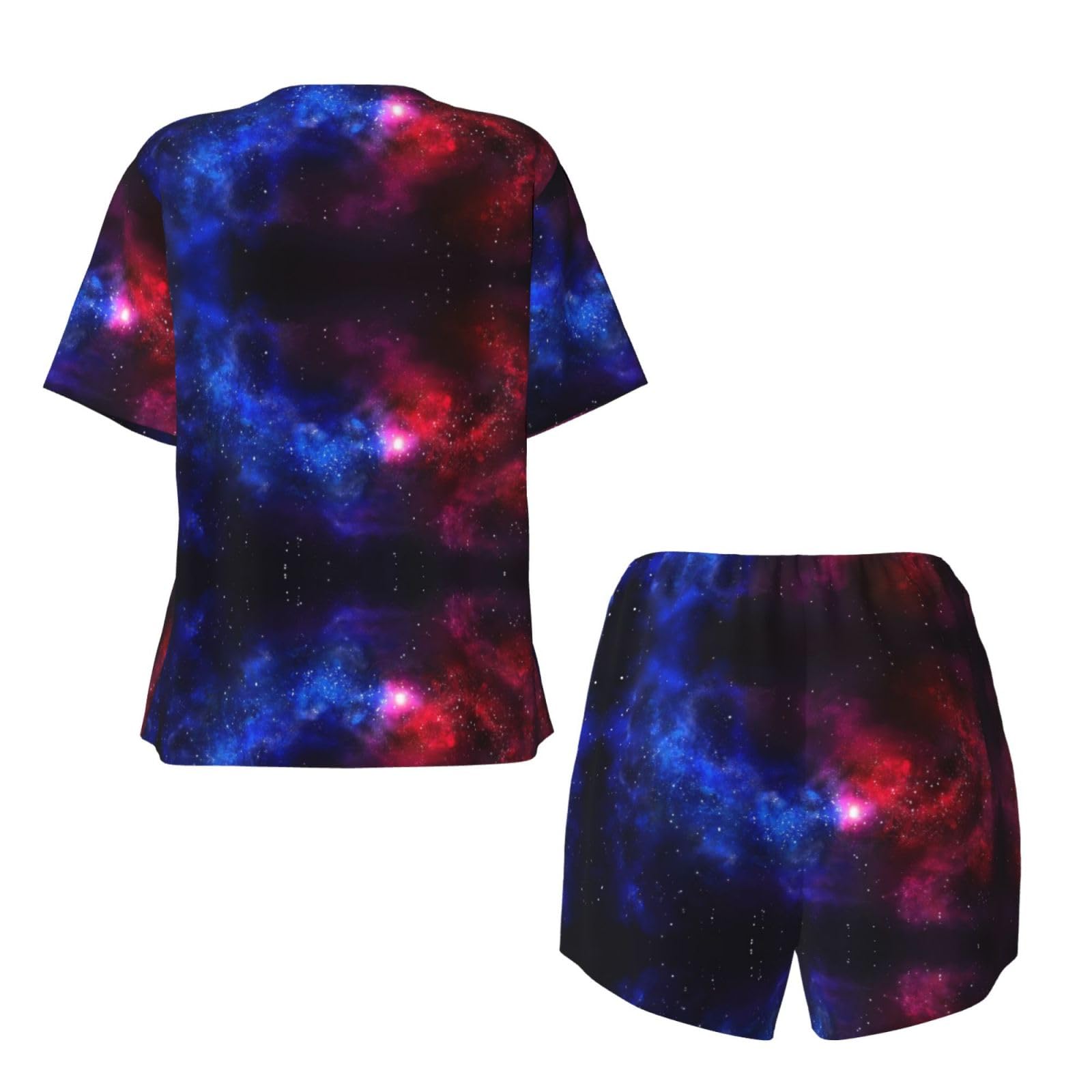 Conjunto de pijama de manga corta para mujer, pijama con estampado de galaxia roja y azul para otoño e invierno, ropa de descanso con botones, ropa casual
