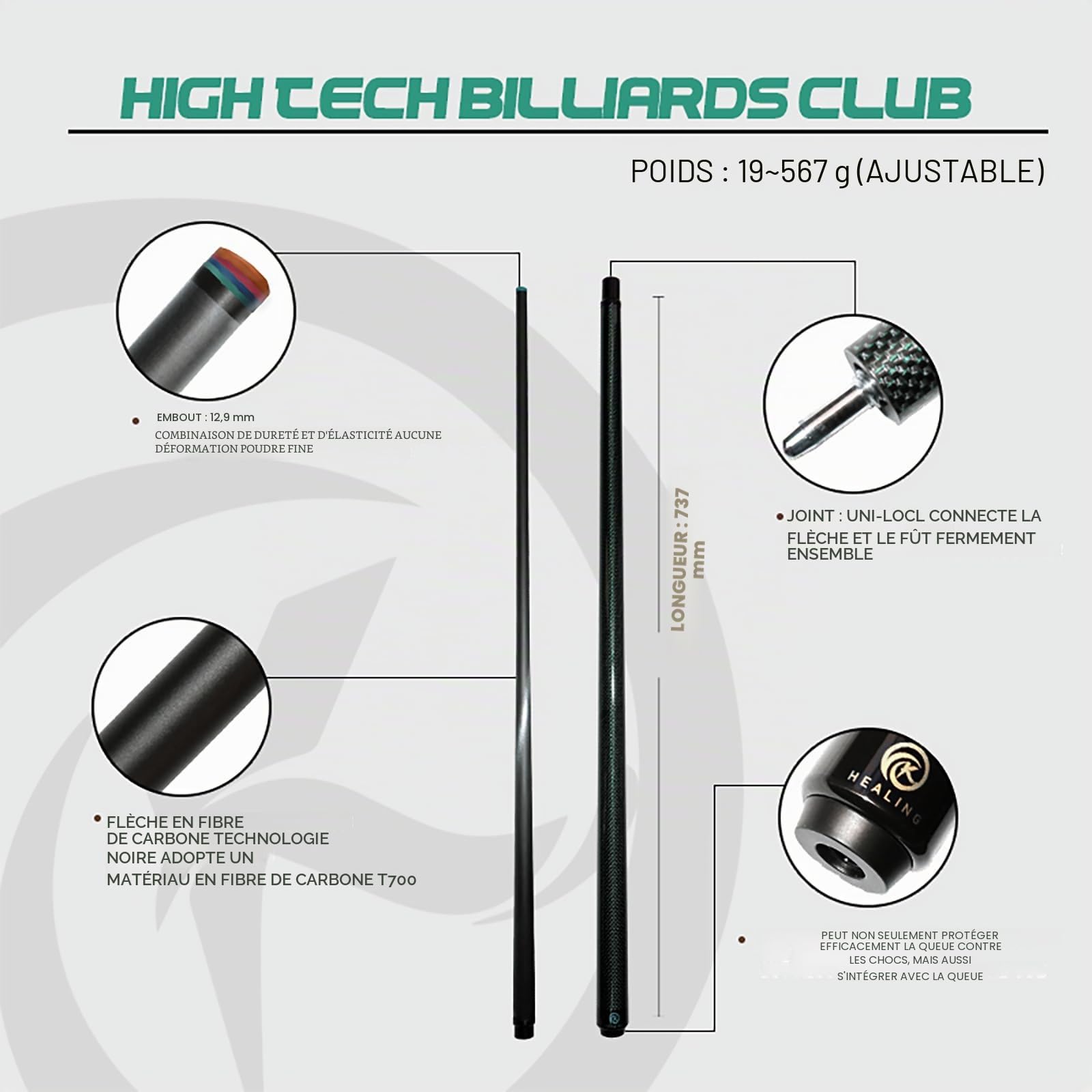 KHEALING Queue de billard en fibre de carbone de 58 pouces, structure 1/2, connecteur à 3 dents, pointe de 12,4 mm, 540-567 g, convient pour les joueurs de billard professionnels