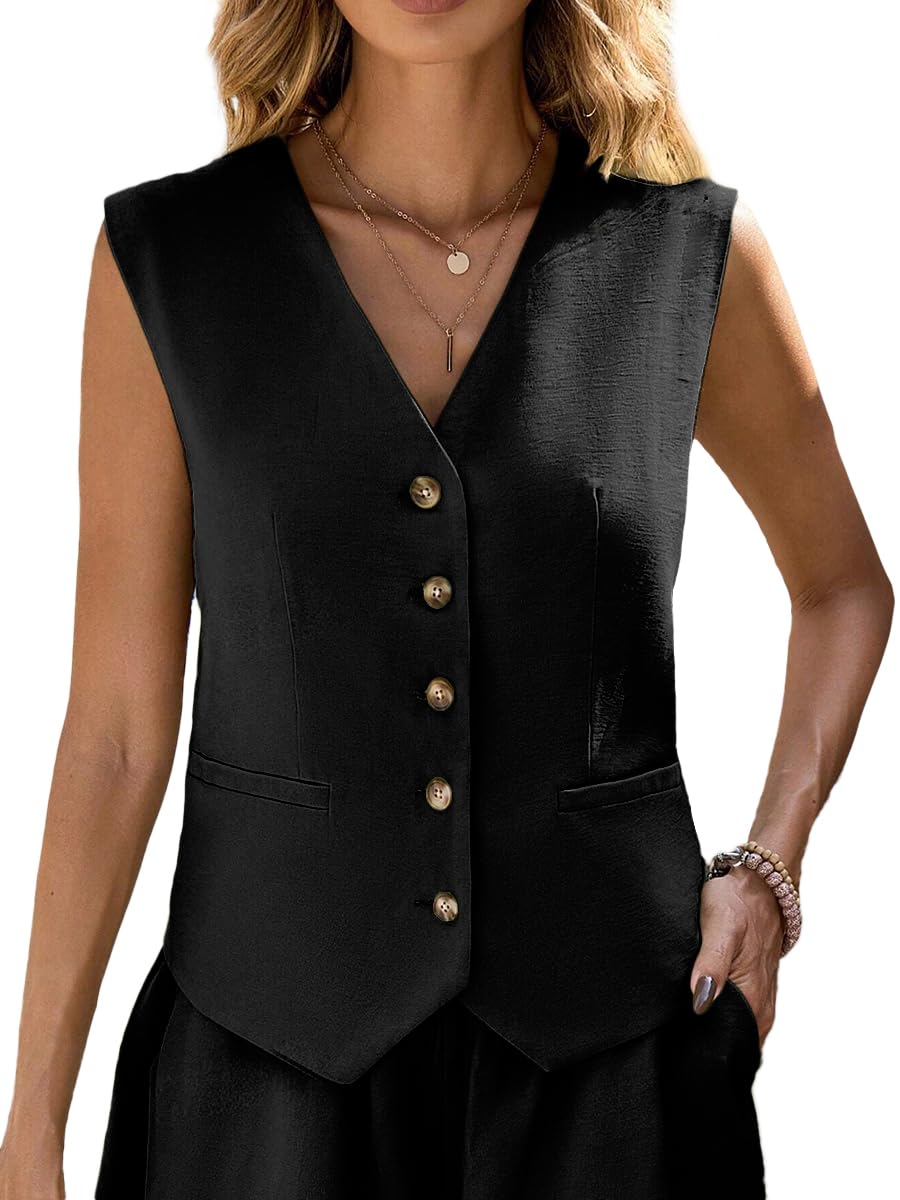 Mina Self Linen Vest Tops For Women Summer Lihtweight Breathable V-Neck Button Fashion Casual Work Beach Vacation Outerwear