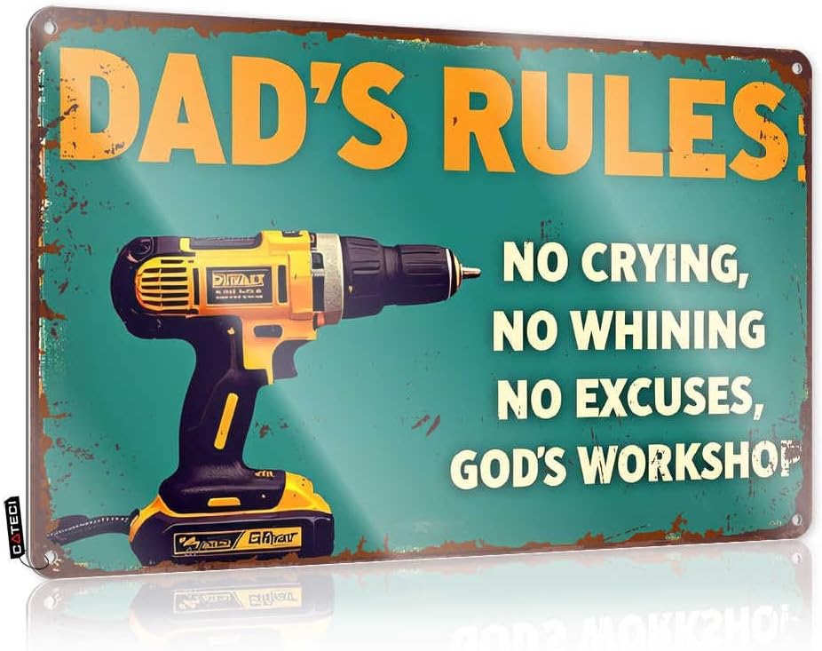 TRBW Metal Signs For Bar DeWalt Drill: Dad's Rules for God's Workshop Funny Camping Signs Man Cave Bar