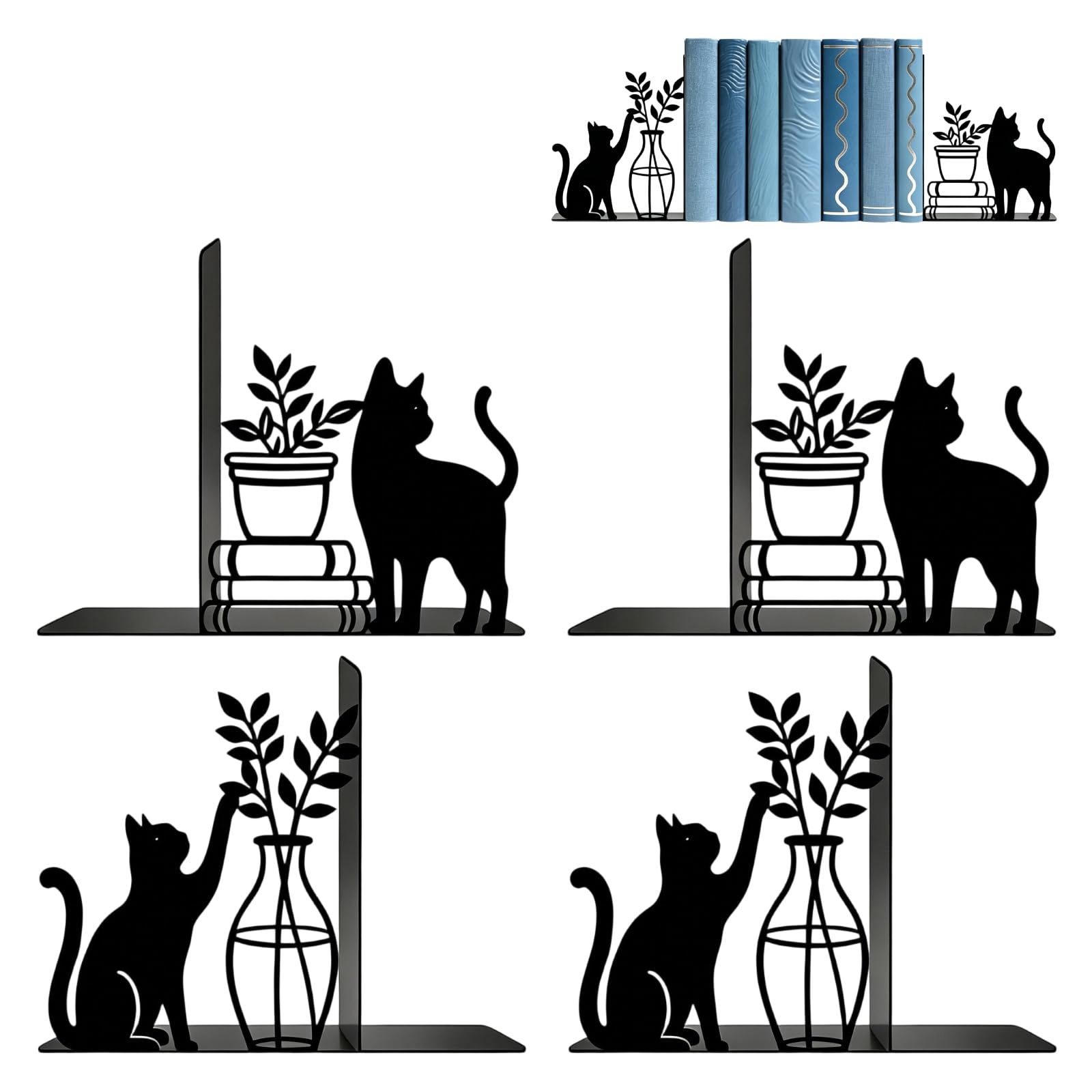 2 Pair Book Ends for Heavy Books, Black Reading Figurine Book Ends for Shelves, Non-Slip Base Durable Bookshelves for Home Offices Study Rooms or Living Rooms