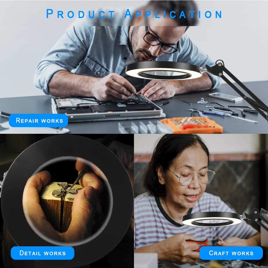 Magnifying Glass with Light,Swing Arm Desk Lamp with Clamp,3 Color Modes,79 Inch Cord,for Craft Repair Close Work (Black)