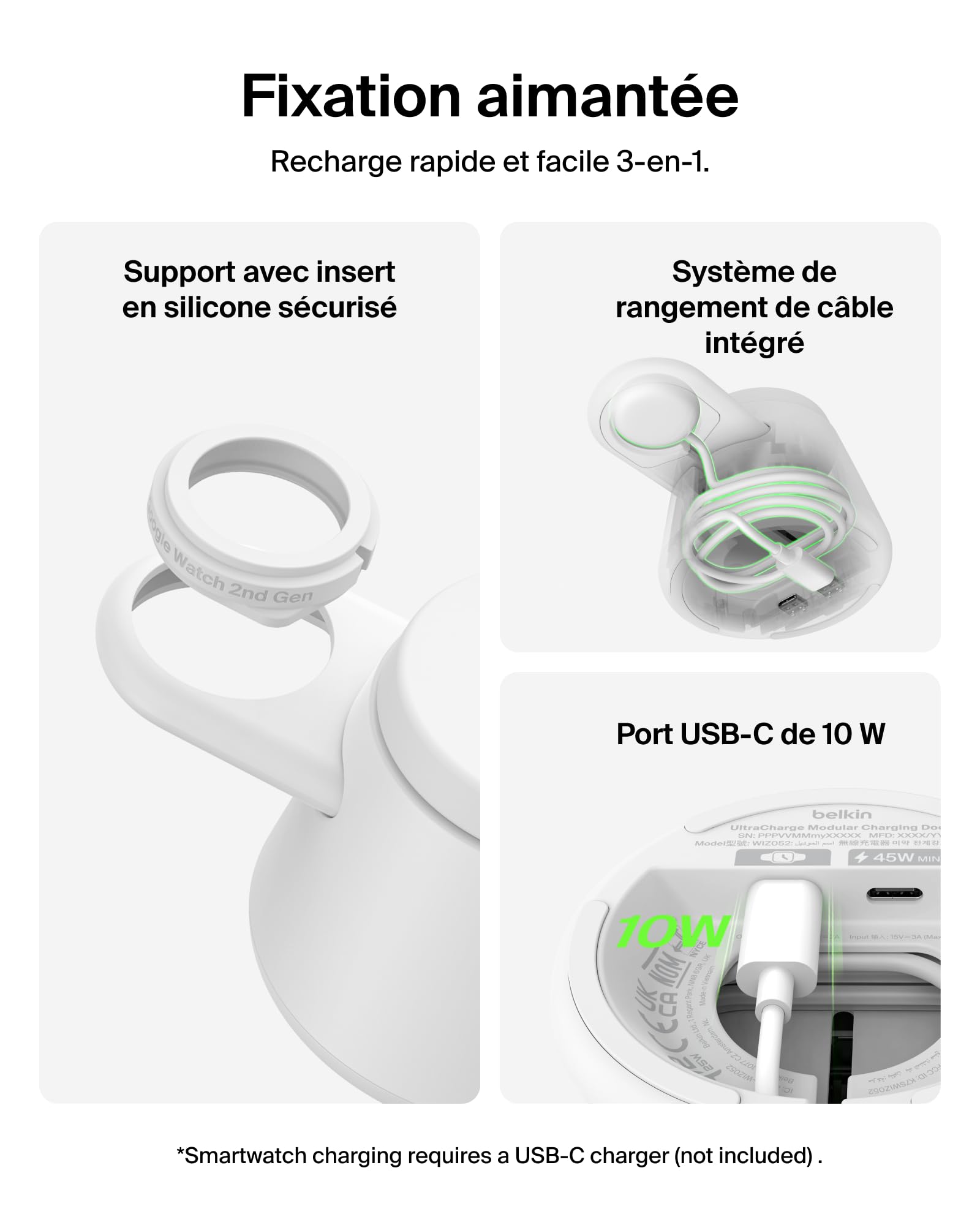 Belkin UltraCharge Station sans Fil 3-en-1 avec Qi2, 25 W - Blanc | Chargeur Magnétique Qi2.2, USB-C, Chargeur Sans Fil Pour iPhone, Galaxy, Écouteurs, Montre Connectée, Adaptateur Secteur 45 W
