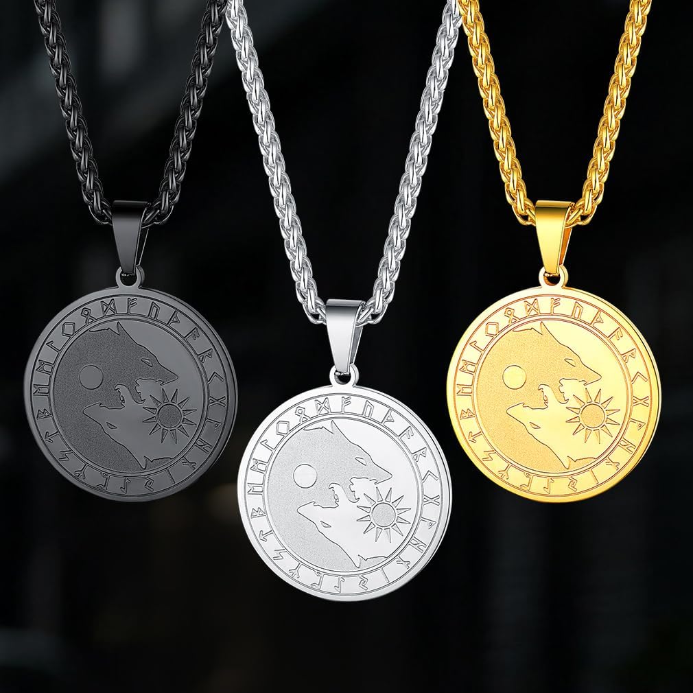 FaithHeart Norse Viking Wolf Pendant Necklace for Men/Women, Stainless Steel/18K Gold Plated Nordic Vikings Stuff Jewelry with Gift Packaging