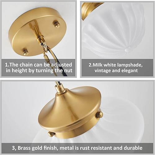 Miniatura 4 de Schoolhouse - Lámpara colgante de cristal de leche dorada de latón de 9 pulgadas, iluminación colgante de techo ajustable de mediados de siglo para