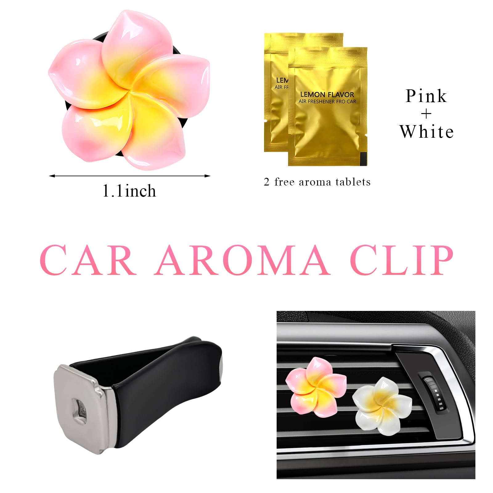 Wevdn 2 x Blumen-Auto-Lüftungs-Clips, bunte tropische Blumen, Lufterfrischer-Clips mit aromatischem Pad, Klimaanlagen-Auslass-Clip, Plumeria-Blumen-Dekoration (weiß + rosa)