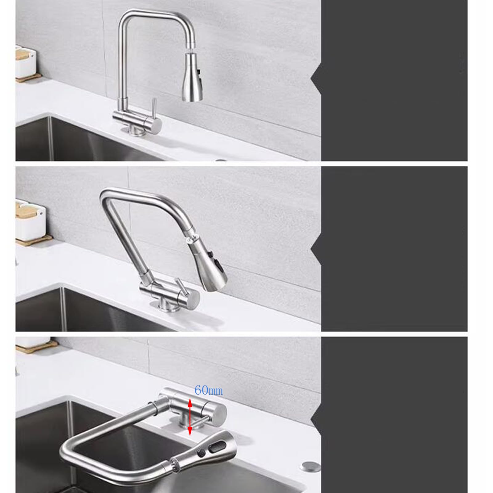 Grifo Abatible para Ventana de Cocina, Giratorio de Acero Inoxidable, 3 Modos, Mango Único, Orificio Único para Fregadero - Negro