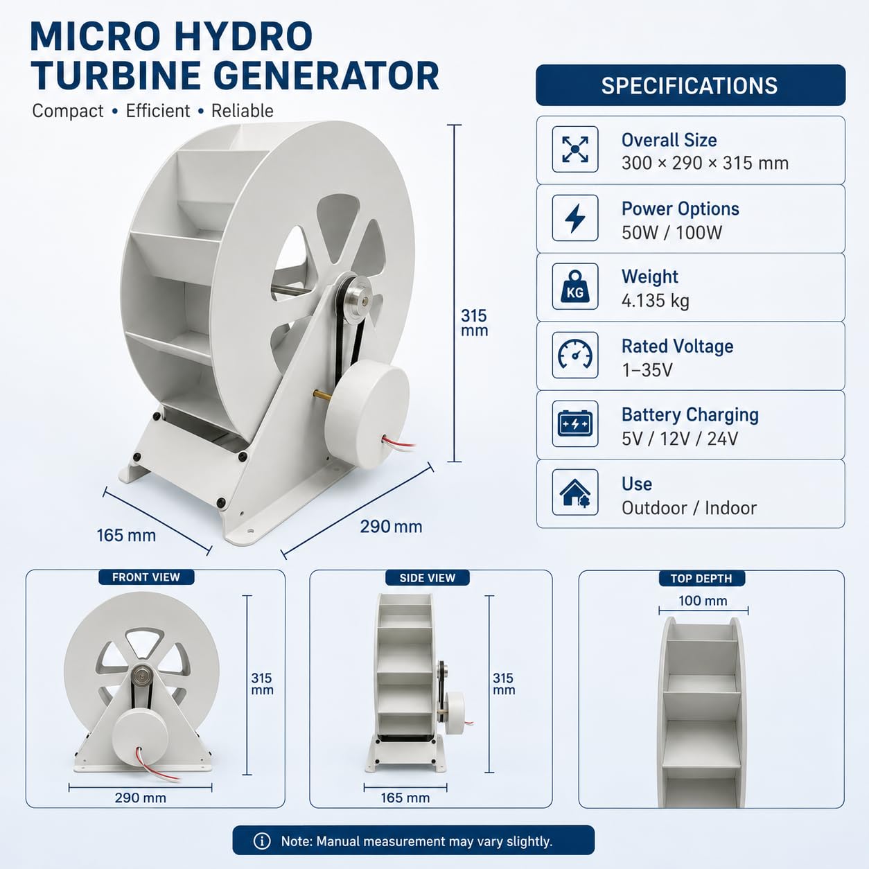 Generador de turbina de agua portátil de 100 W – Kit hidroeléctrico de flujo para corrientes/ríos fuera de la red – Microgenerador hidráulico de acero duradero con funcionamiento silencioso