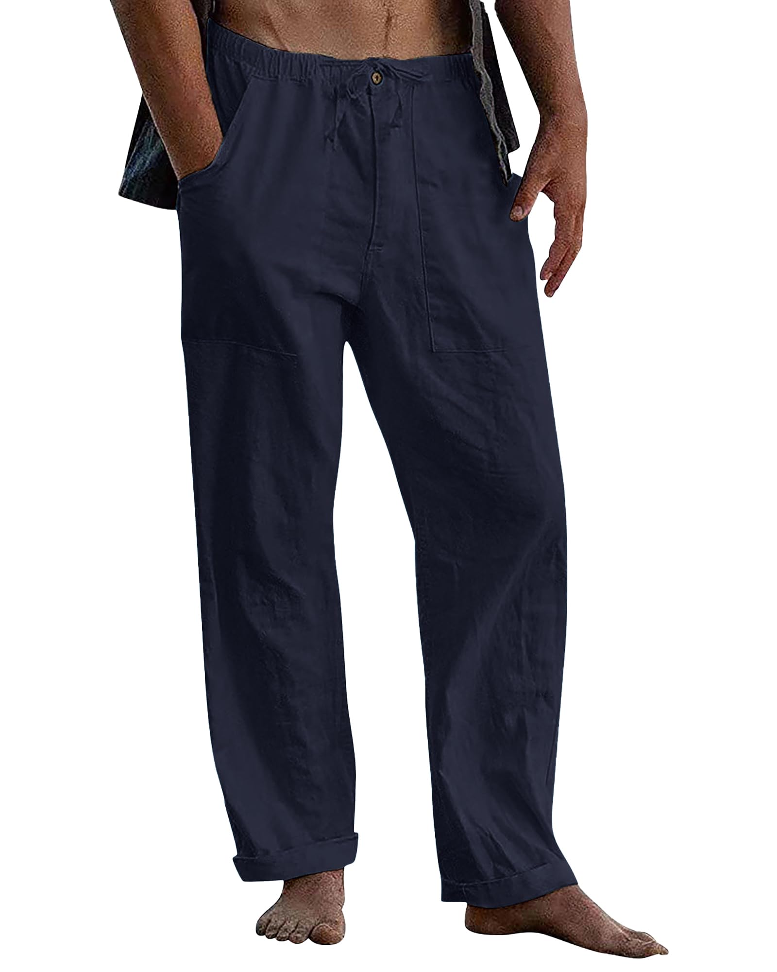 LVCBL Leinenhose Herren Sommer Herbst Lose Lässige Leinenhose mit Taschen Elastischer Bund