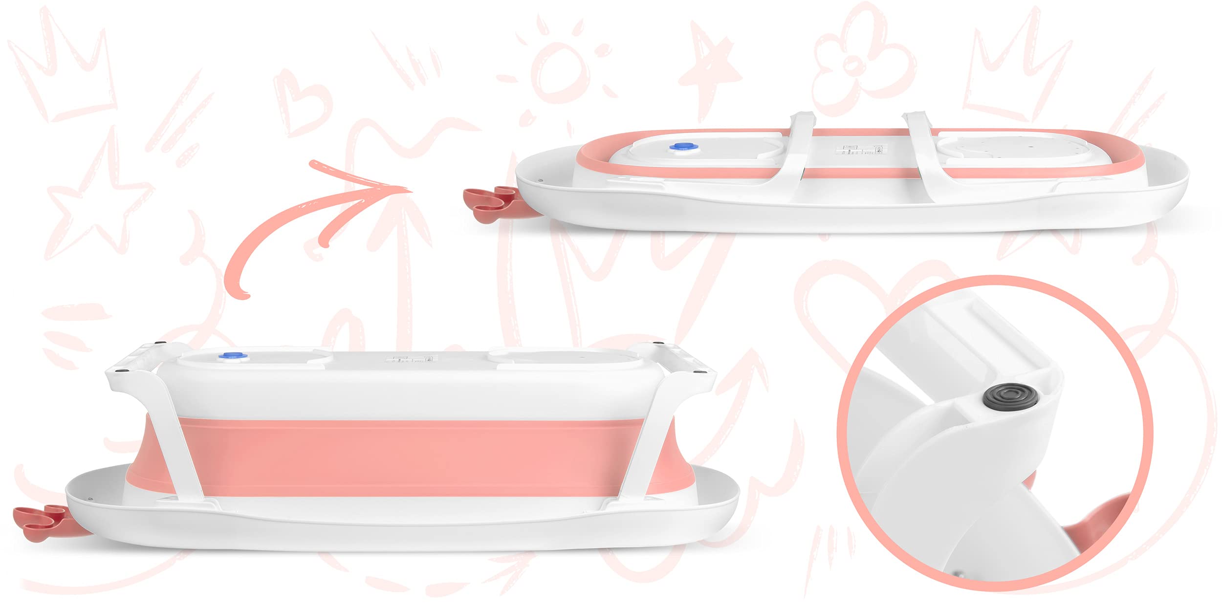 Ricokids Bañera Bebé Plegable Ligera Con Patas Antideslizantes Almohadilla De Baño Termómetro Integrado 0-6 Años 0-45 kg Blanco Rosa