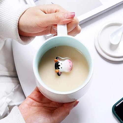 Miniatura 6 de Bonita taza de café de cerámica de unicornio con animales en el interior, tazas con cuchara, tazas de té de 12 onzas, tazas de café divertidas con