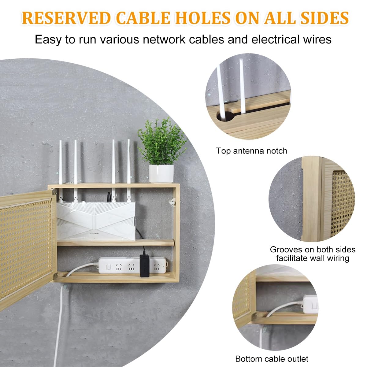 Étagère murale en bois pour routeur WiFi, design rotin, pour la maison et le bureau, solution de rangement peu encombrante, accès facile, construction durable