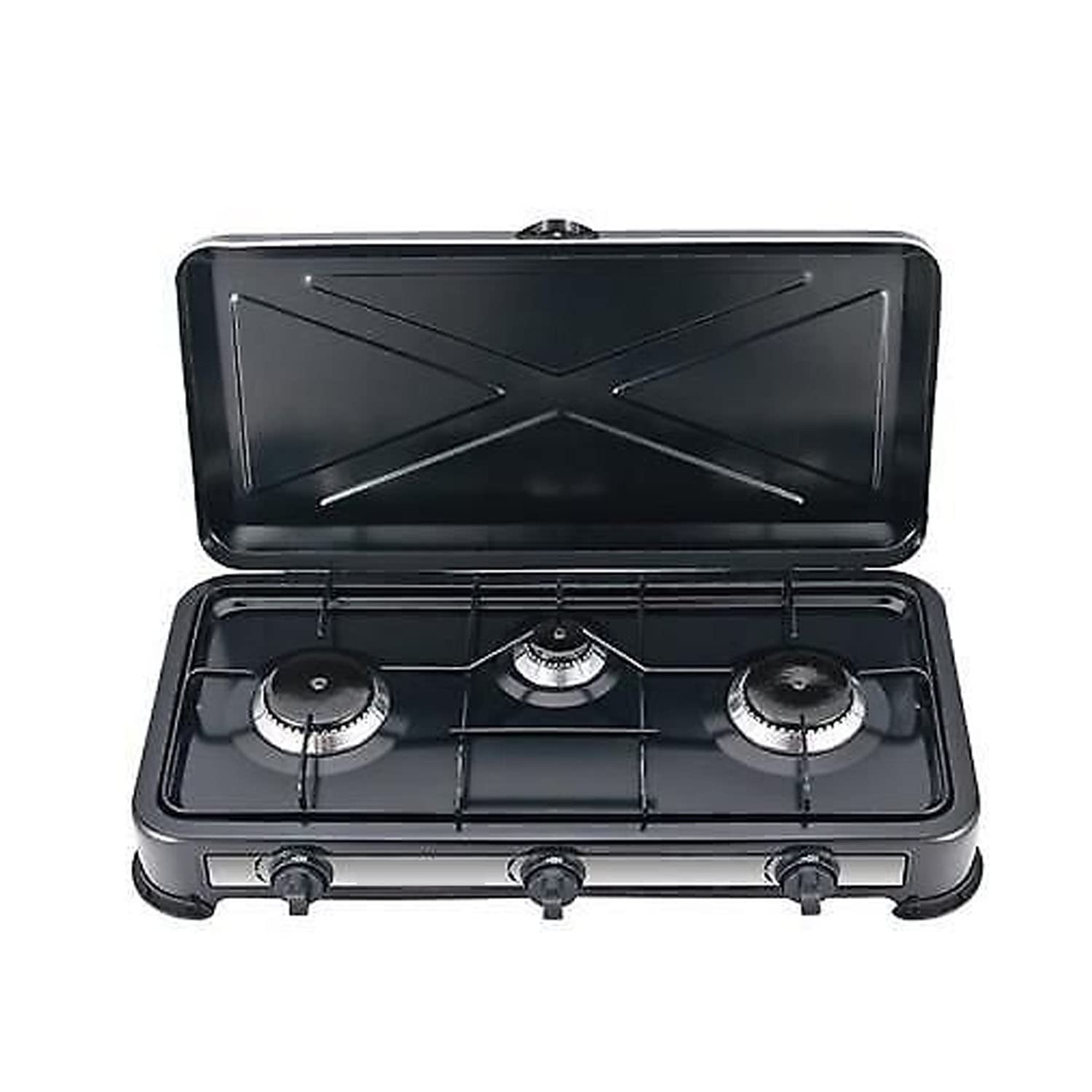 ELETTROFERROITALIA Minerva 3 - Fornello a Gas 3 Fuochi, Acciaio smaltato, Potenza 2.9Kw, 59.5 x 33.5 x 11 cm (NERO)