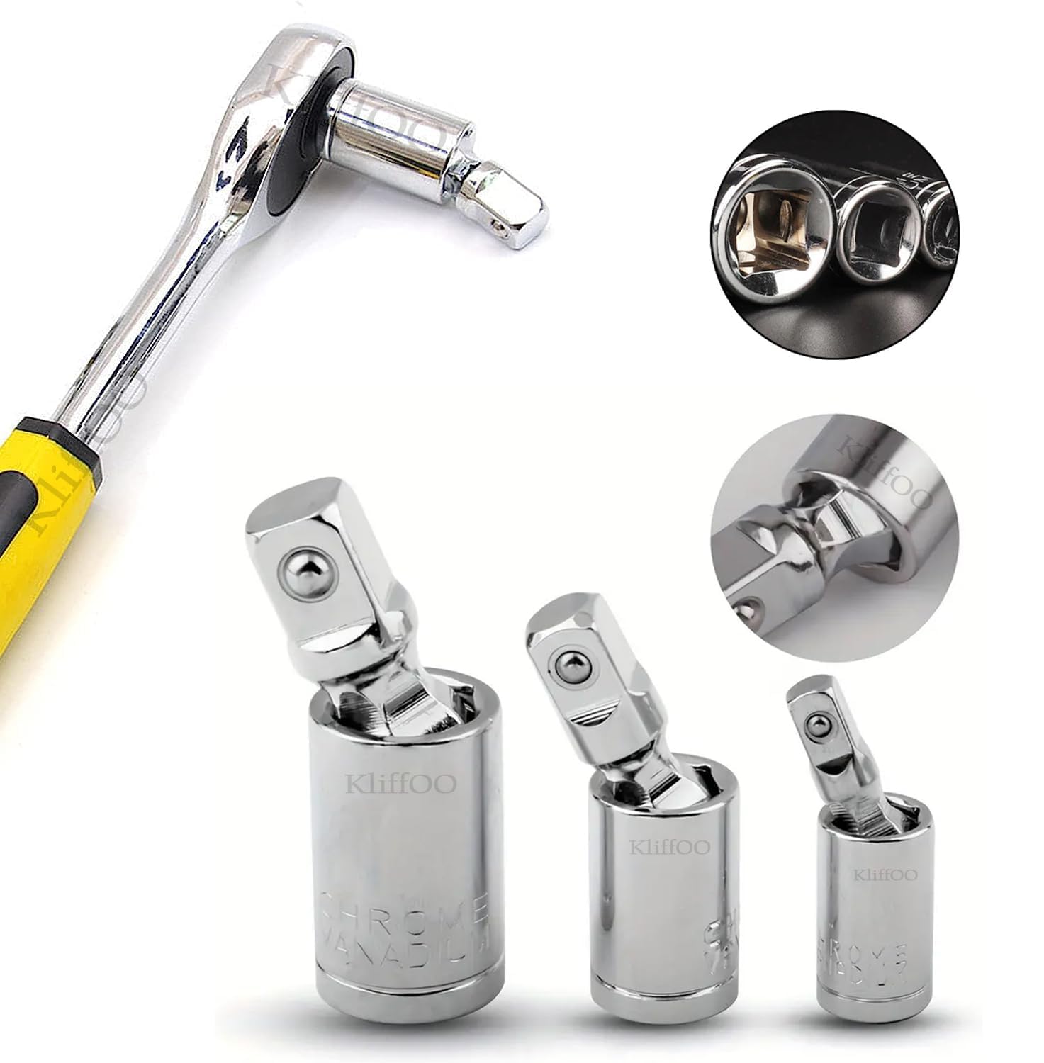 Universal Joint Socket Swivel Adapter 3 Piece Set,1/2", 3/8", and 1/4" Set Ratchet Angle Extension Bar Adapter,360 Degree Rotation Sockets for Wrench