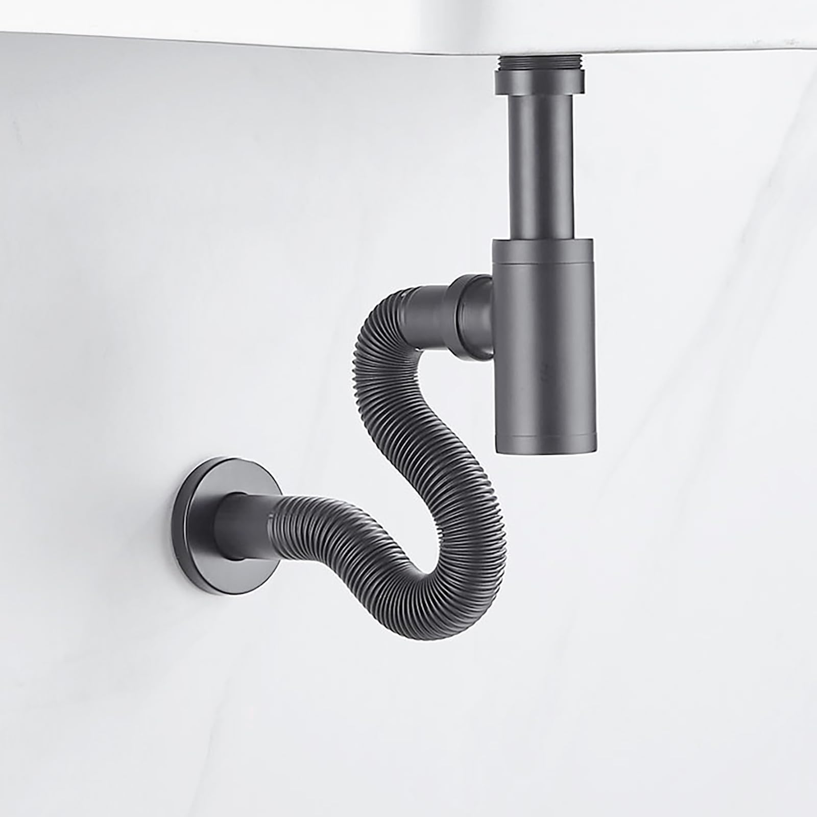 Sifon Lavabo con Rebosadero,Válvula Click Clack Lavabo,Abertura de Limpieza,Sifón Lavabo Flexible,Fregadero Kit de Desagüe,Sifon Cocina Fregadero,Negro