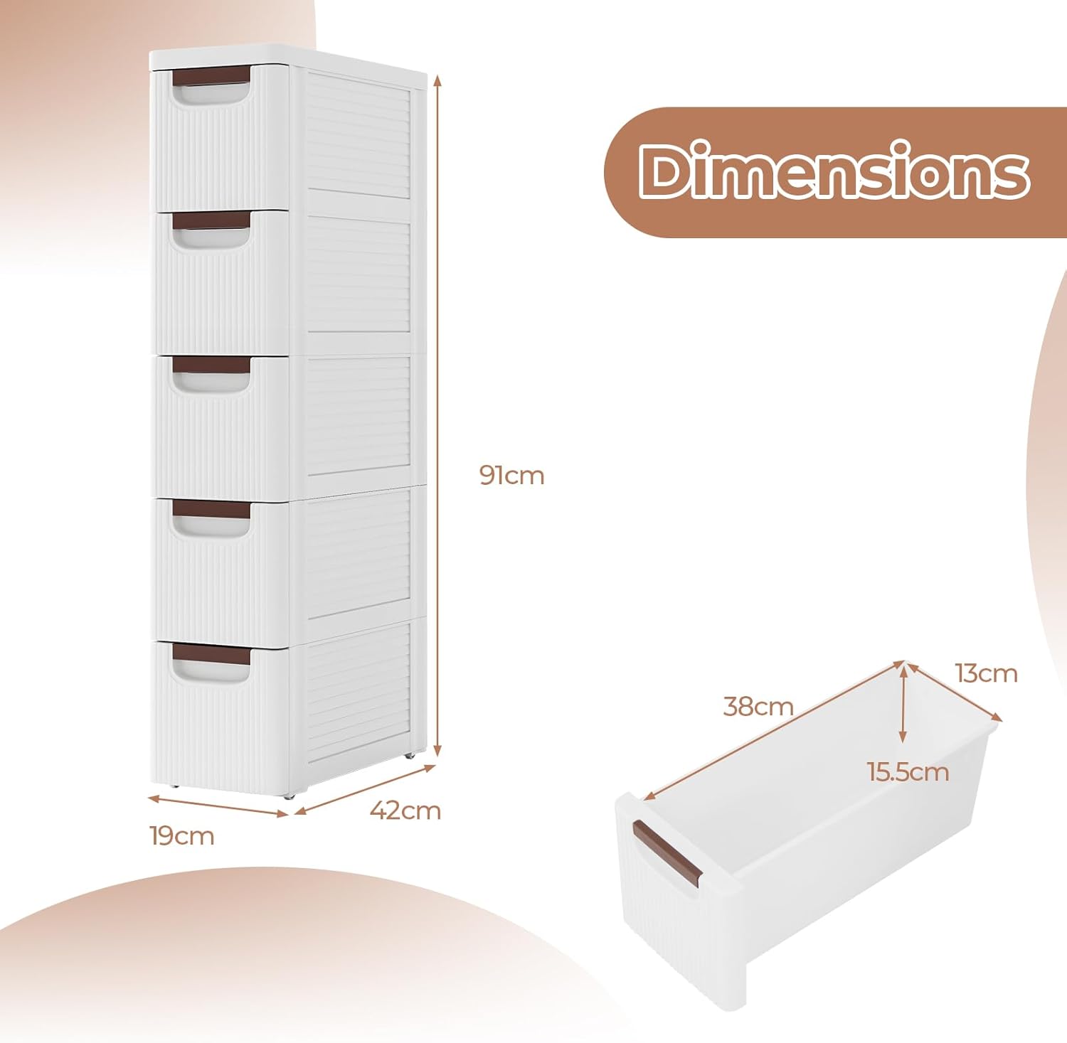 Giantex 5-Drawer Rolling Organizer Unit, Narrow Storage Cabinet for Small Space with Built-In Wheels, Plastic Cart Container for Bathroom, Classroom, Studio & Salon, White (5-drawer)