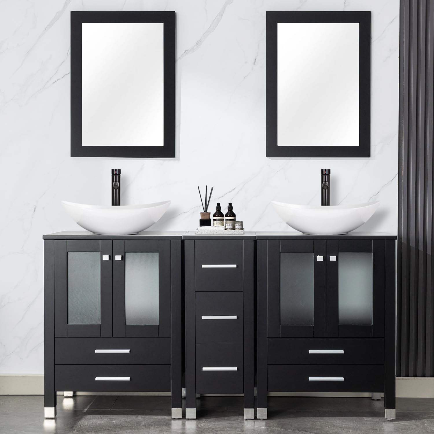 LUCKWIND 60 inch Bathroom Vanity with double sinks and one side cabinet