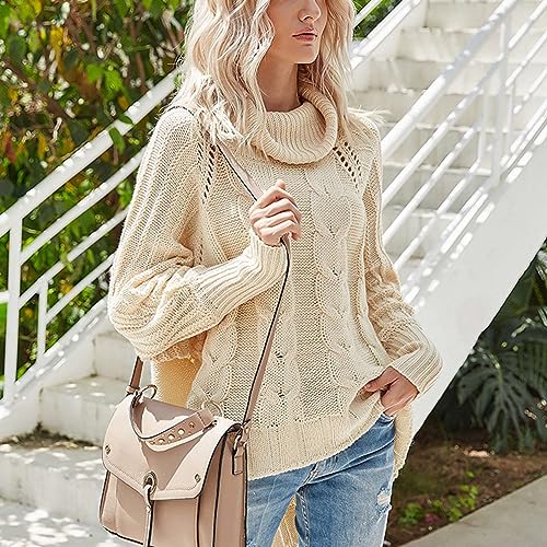 Malhas Femininas, Manga Comprida Oca Design Suéter de Gola Alta Sem Deformação Fibra Acrílica para L