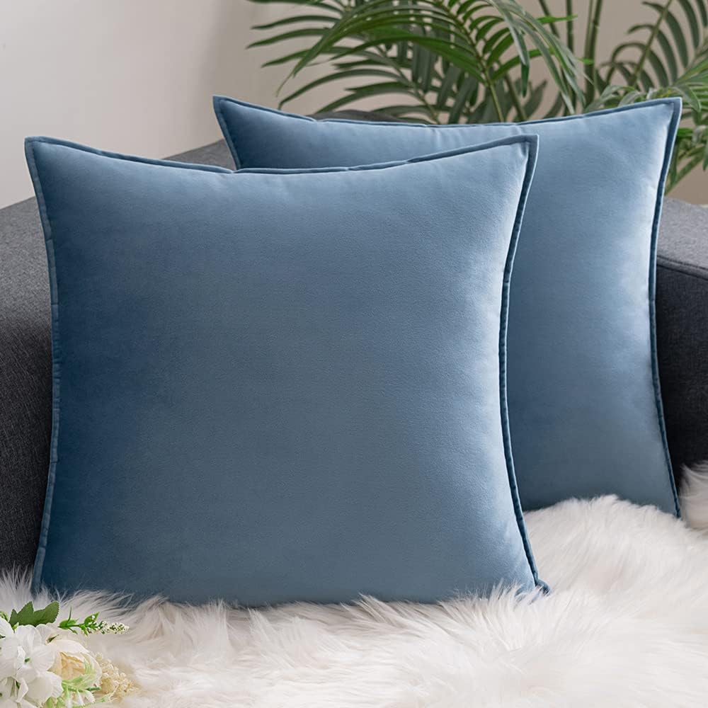 Comvi Blue Cushions with Covers Included Sets 4 Pcs – (2 Cushion Inserts, 2 Cushion Covers) Decorative Pillows – Flanged Velvet cushions for sofa with cushion pads - Cushion Covers 45 x 45 -Water Blue