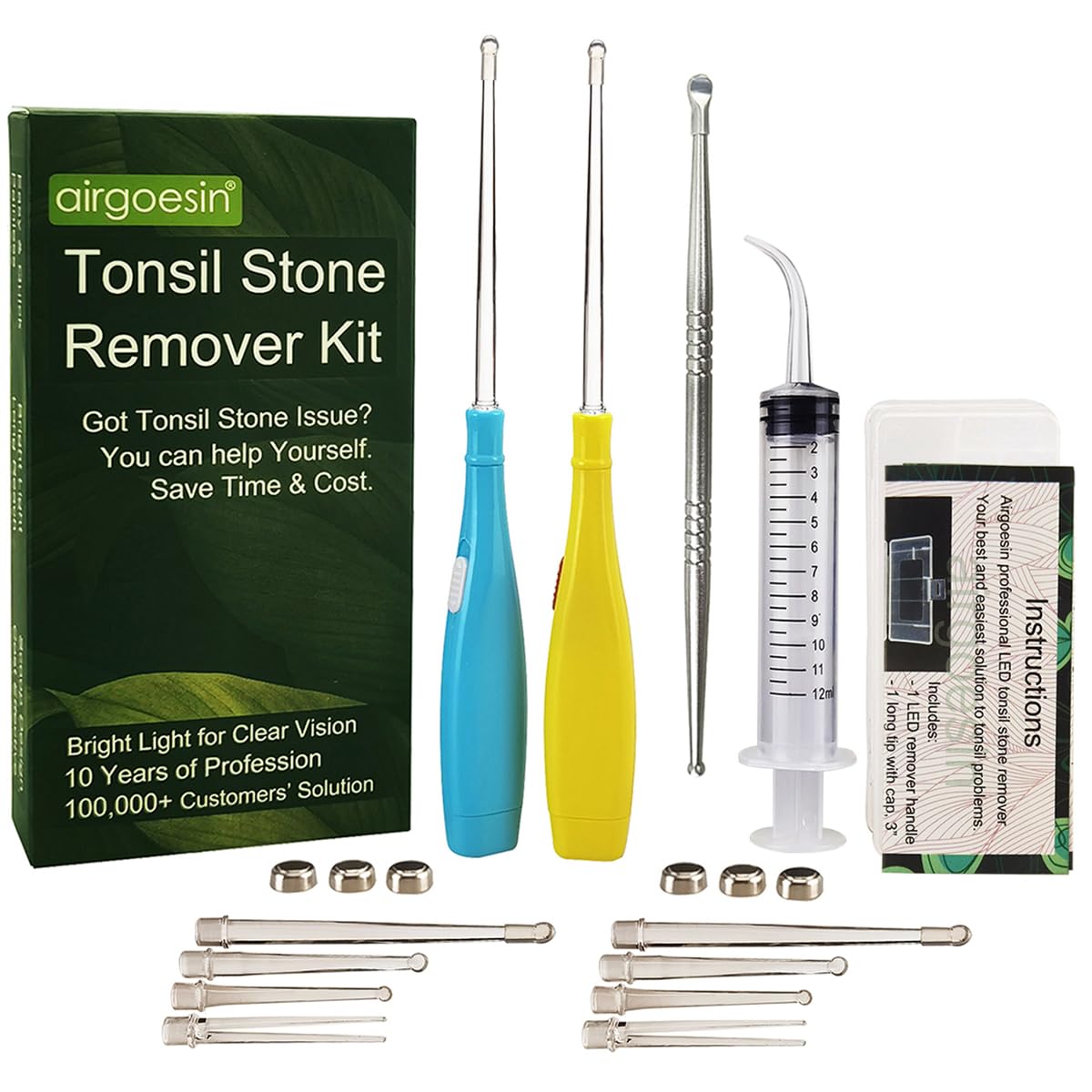 Airgoesin 6 75 inch Tonsil Stone Remover LED Tool Kit - 2 Sets Oral Irrigation Syringe Stainless Steel