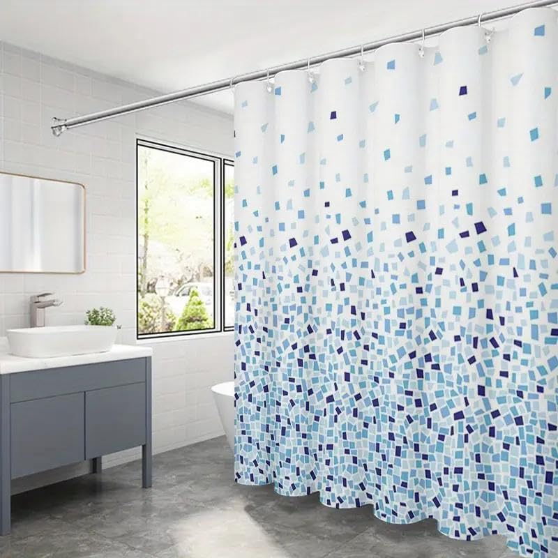 Blue and White Mosaic Tile Pattern Shower Curtain with Hooks, Modern Floral Shower Curtain for Home and Bathroom Accessories Decor(175x190cm/69x75in(WxH))