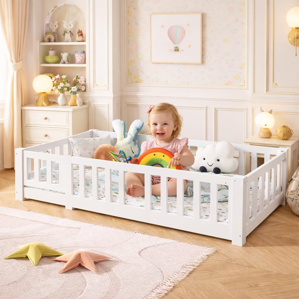 Cama de Suelo para niños de 120 x 200 cm con Valla y Puerta, Cama Montessori con protección anticaídas, Cama Juvenil Individual con somier, Cama Infantil para niño y niña, Color Blanco (120 x