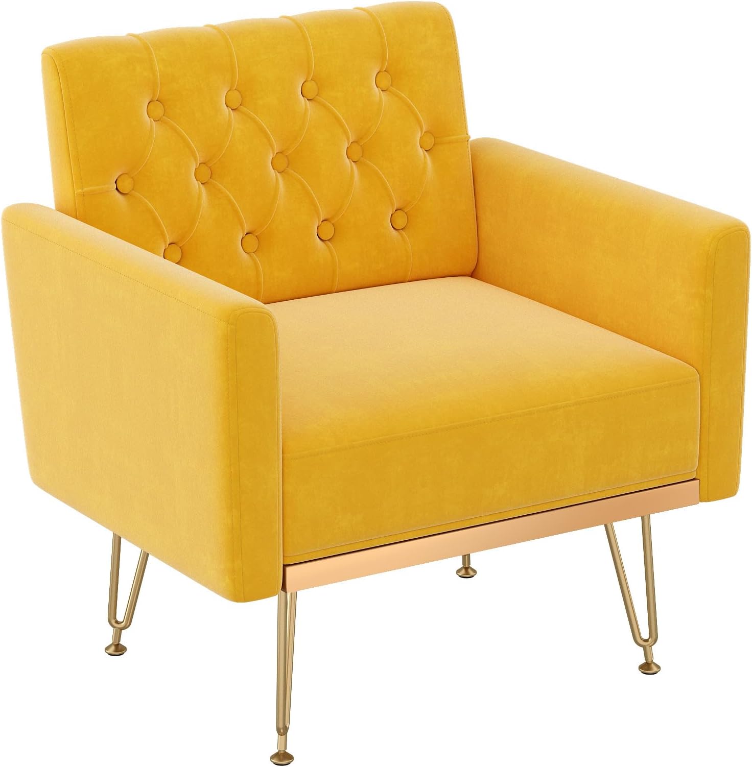 Anwick Accent Chair for Living Room, Comfy Oversized Velvet Upholstered Arm Chairs, Mid Century Modern Reading Single Sofa Side Chair with Tufted Back and Gold Legs for Bedroom Living Room (Yellow)