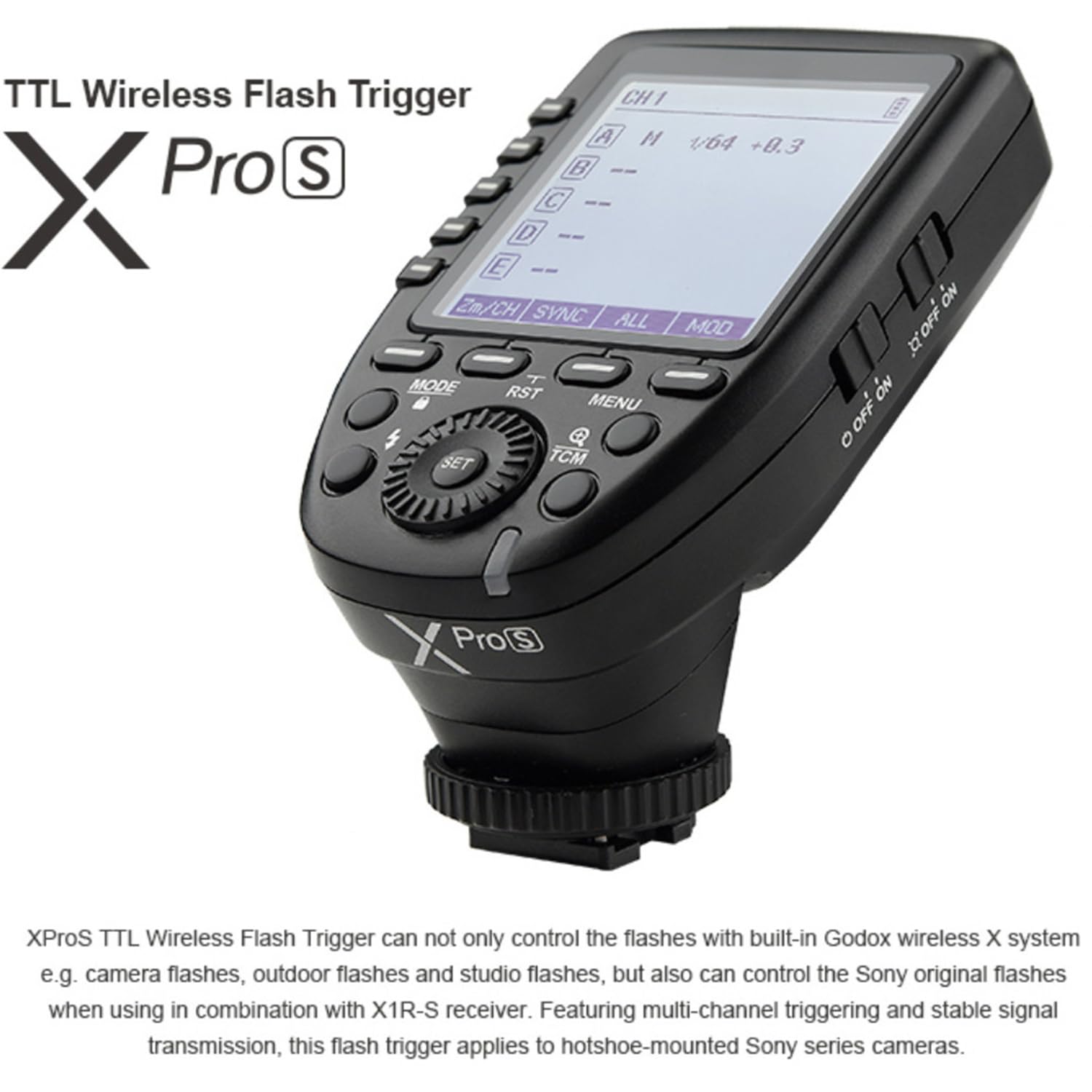 Godox XPro-S TTL Wireless Flash Trigger for Sony Cameras, 1/8000s HSS Large Screen Slanted Design 5 Dedicated Group Buttons 11 Customizable for V1S V1ProS V100S V860IIIS AD200Pro AD200ProII AD400Pro